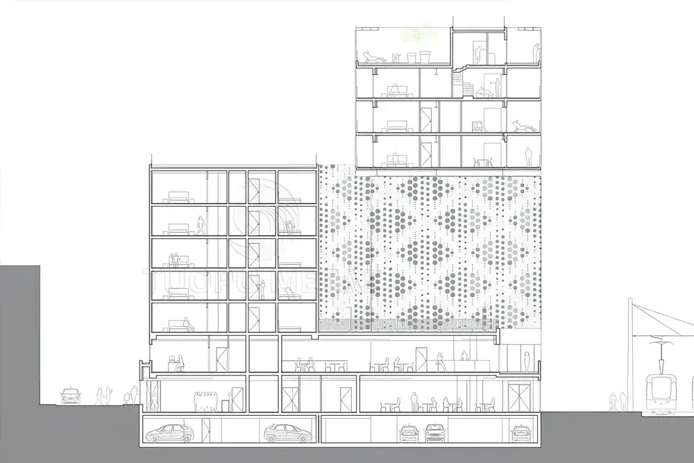 Design drawings of the perforated aluminum facade of the BELAROIA building.