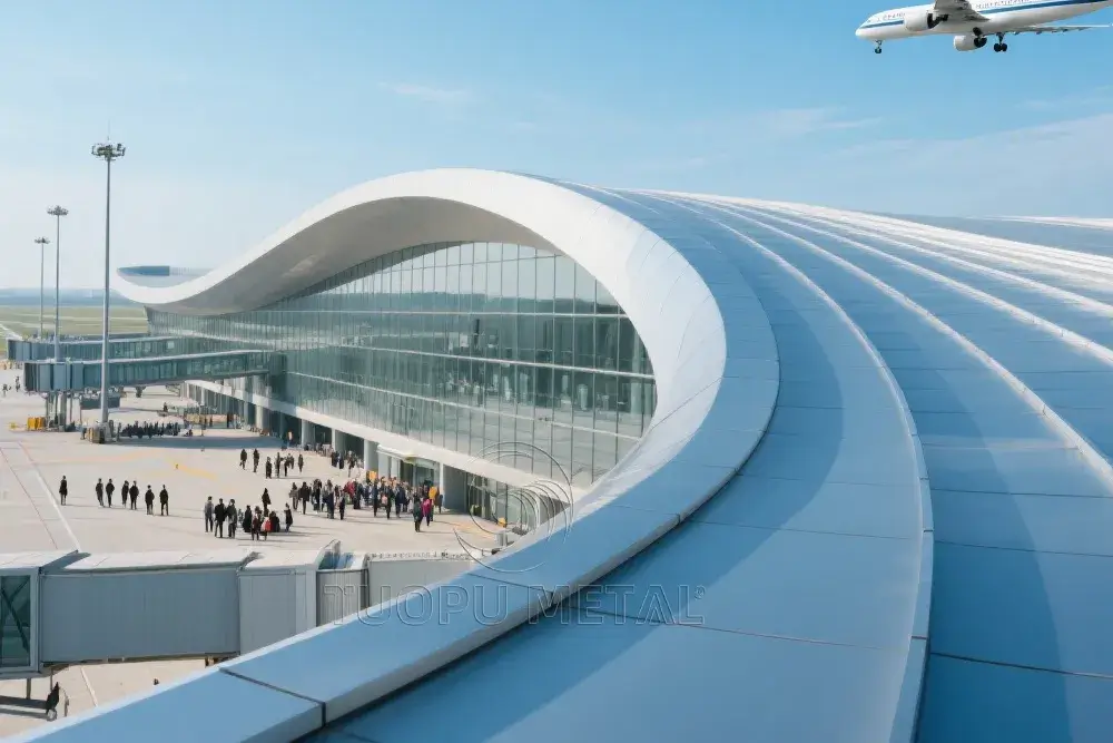 Airport terminal featuring a sleek, undulating roof made of hyperbolic aluminum panel, with glass curtain walls and passengers gathered at the entrance under a clear sky.