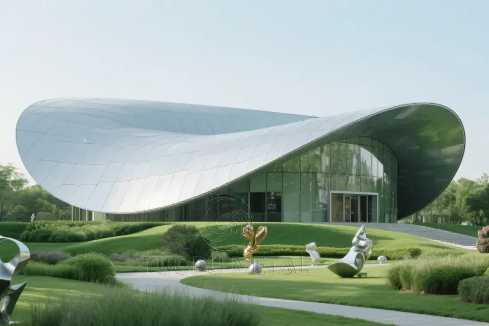 Modern architectural building with a flowing, curved roof clad in hyperbolic aluminum panel, set in a landscaped garden filled with artistic sculptures.