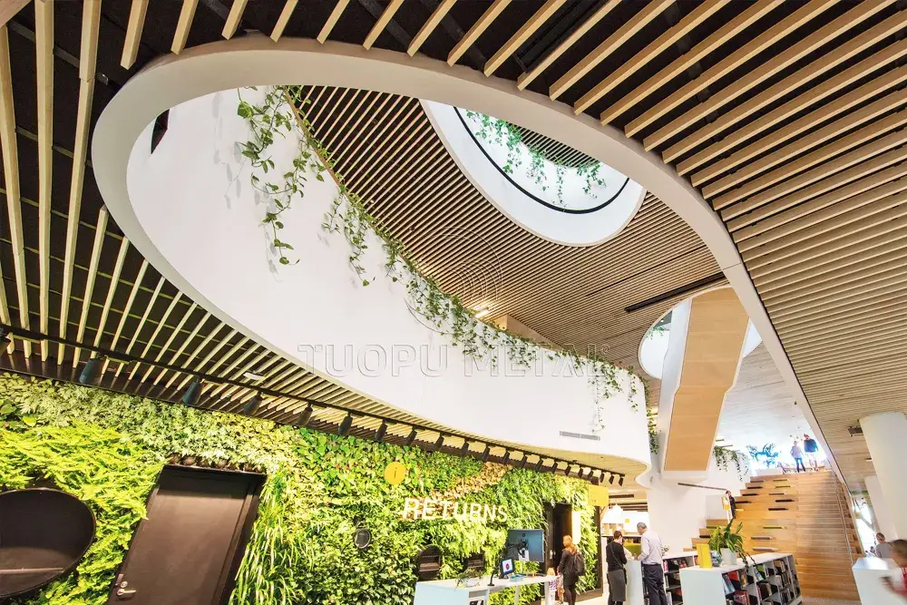 The interior ceiling of a commercial building uses metal ceiling batten as structural support.