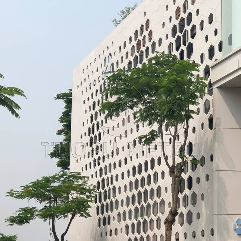 The exterior facade curtain wall is made of perforated hexagonal aluminum panels.