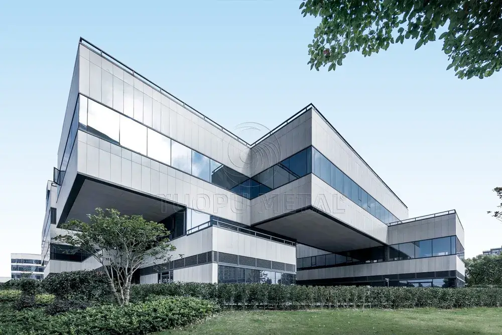 The exterior wall of the office building is made of aluminum veneer.