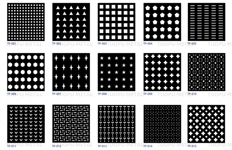 A grid of different perforated aluminum panel patterns is displayed in black and white.  