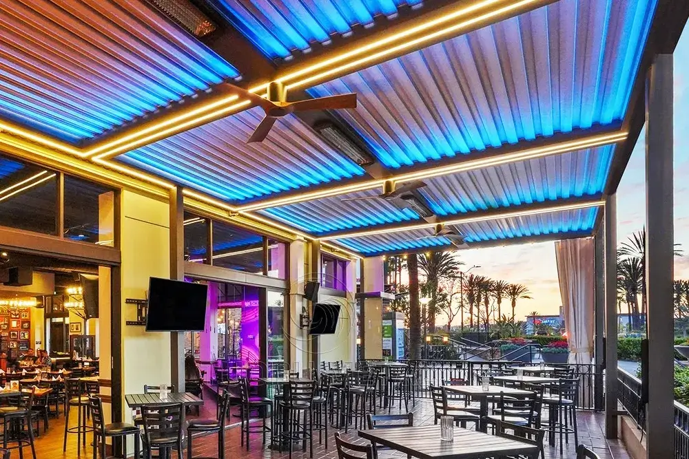The aluminum louver pavilion is matched with colorful light strips, which is very suitable for commercial use.
