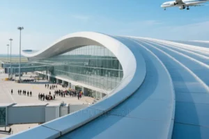 Airport terminal featuring a sleek, undulating roof made of hyperbolic aluminum panel, with glass curtain walls and passengers gathered at the entrance under a clear sky.