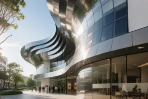 Contemporary building showcasing a striking, wavy facade constructed from hyperbolic aluminum panel, with people queuing outside and an open - plan interior visible through large glass walls.